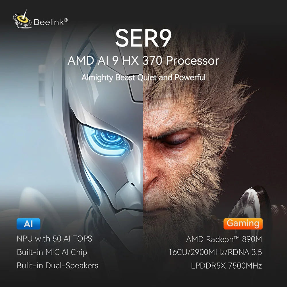Beelink SER9 PRO Powerful AI Mini PC DDR5 AMD Ryzen AI 9 HX370 Gaming PC Max 64GB 2TB NVME SSD Desktop Computer Windows 11 PRO