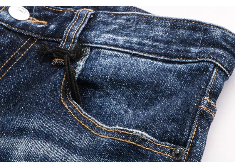 Latest designer fashion new men's jeans, washed, vintage painted embroidery, stretchy slim fit hombre