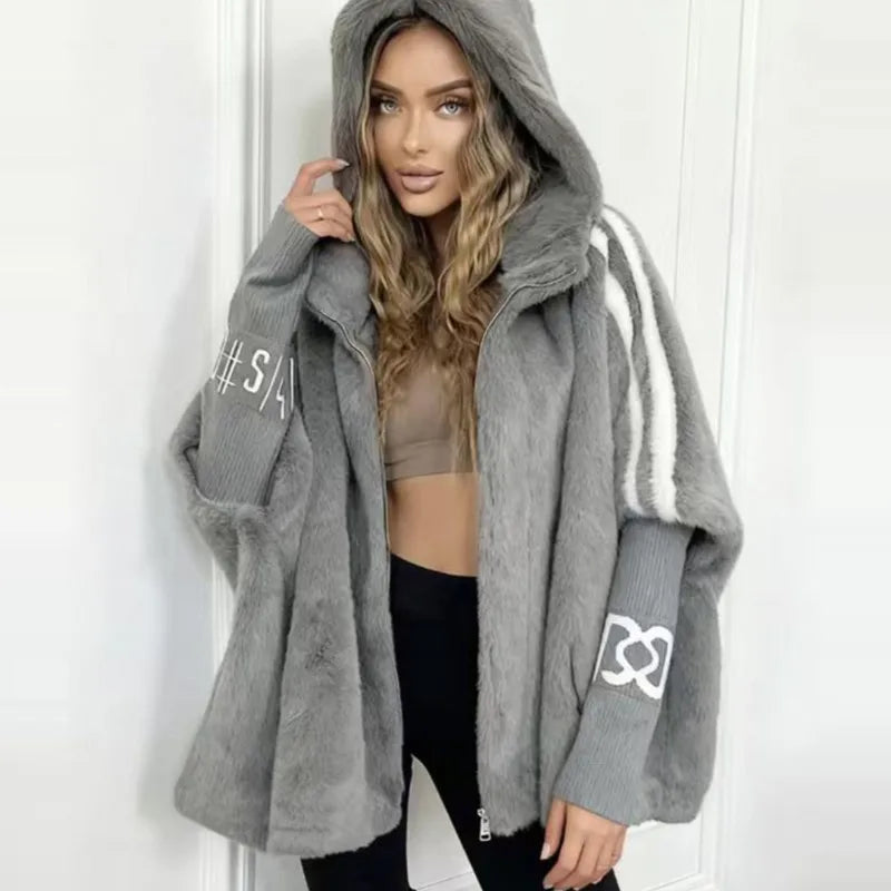 Casual Warm Plush Women's Coat Fashionable Zipper Cardigan With Baton Sleeves Loose Hooded Coat Autumn Winter New Commuting Wear