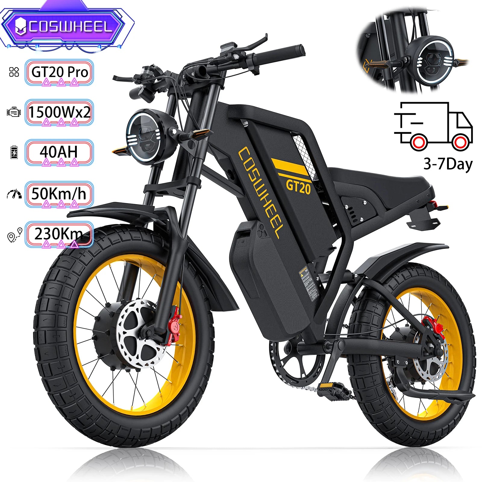 Electric Bike For Adult COSWHELL GT20 Pro 20x4.0" 3000W Dual Motor 48V 40AH Top 50Km/h 230Km Urban Off-Road Commuting E-Bike