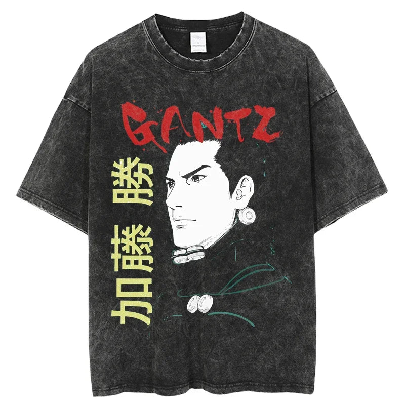 Punk GANTZ Anime T Shirt Men Vintage Washed 100% Cotton T Shirts for Men 2024 Punk Hip Hop Streetwear Harajuku Male T-shirt