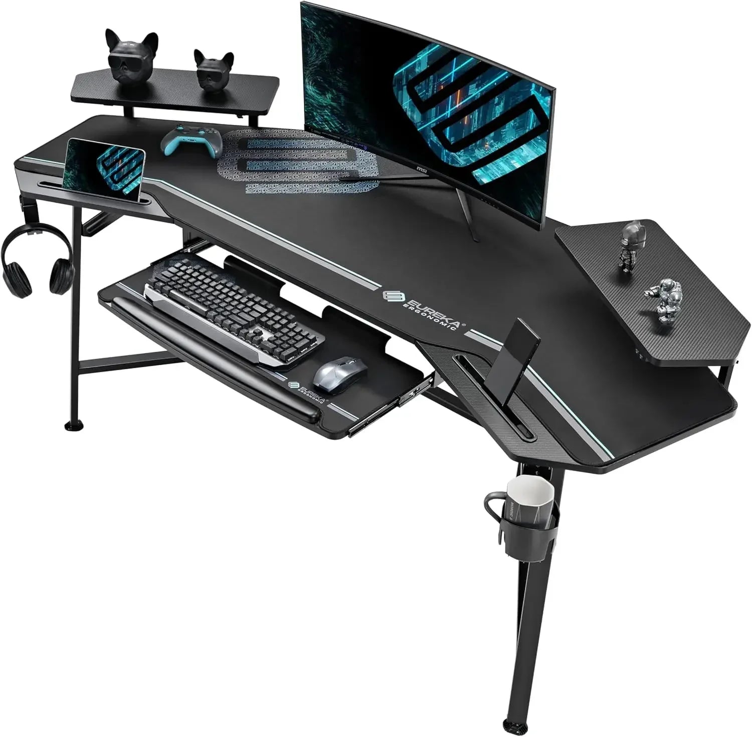 Aero 72 Inch Gaming Desk with Keyboard Tray, Large Computer Desk Led Lights, Wing-Shaped Monitor Stand Dual Headphone Hanger Cup