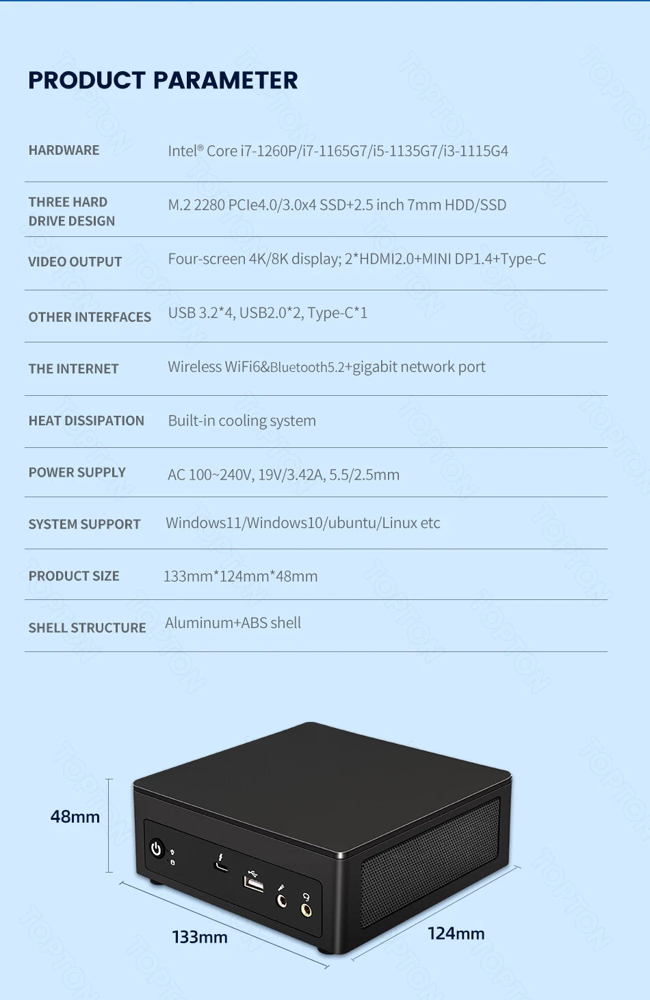Topton Cheap Mini PC I7 1260P 1165G7 I5 1240P 1135G7 Mini Gaming Desktop 2*DDR4 NVMe SSD 2*HD-MI2.0 DP 8K NUC Computer HD HTPC
