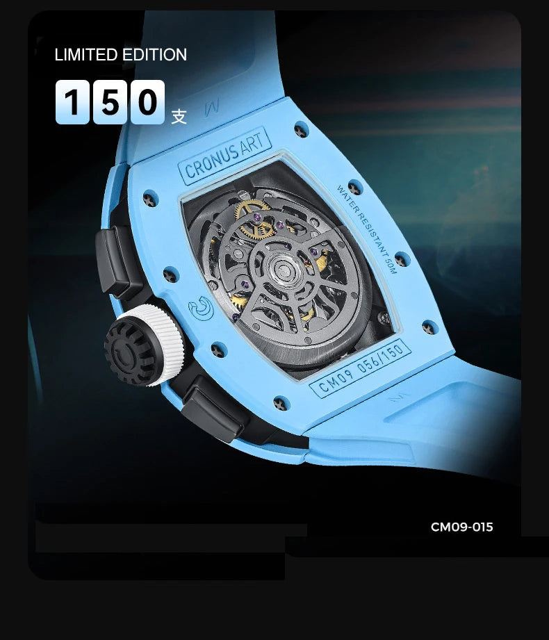 CRONUSART Men Chronograph Watch Tonneau Carbon Steel Case 50mm*42mm Automatic Mechanical Wristwatch Luminous Fluororubber Strap