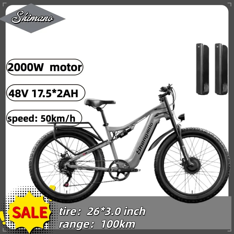 Shengmilo S600 Electric Bicycle 2000W dual motor 48V 35AH Dual batteries electric bike 50km/h 26 Inch tire off road Beach E-bike