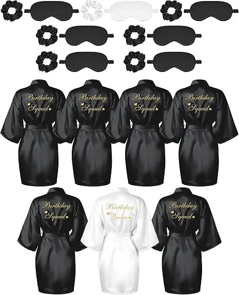 21 Pcs Women Birthday Party Robe Set Queen Squad Kimono Satin Bathrobes with Eye Mask and Scrunchie for Birthday