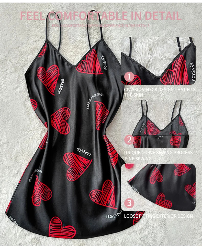 Print Satin Slip Nightdress V Neck Backless Mini Sleep Dress Women Sleepwear Dresses Nightgown Cosplay Sexy Pajama