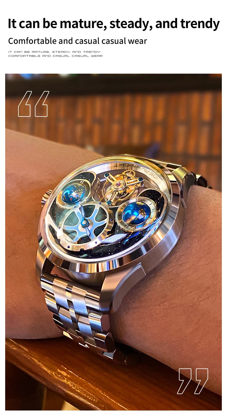 IDEAL KNIGHT Tourbillon Watch 6805 Men Automatic Mechanical Watch 100% Official Original Blue Earth Series Men Watch High Gift