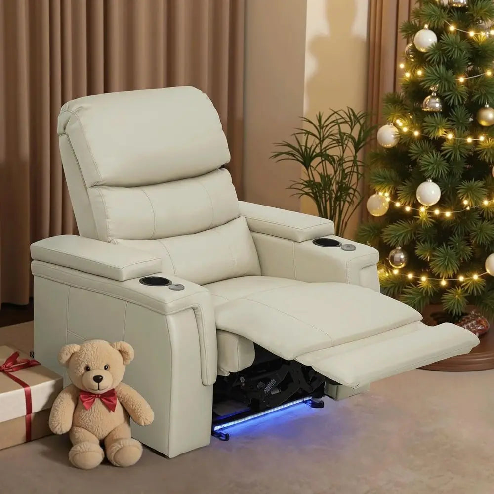 Power Recliner Chair with Lumbar Support, Armrest Storage, Tray Table, and Dual Charging Ports (Beige)