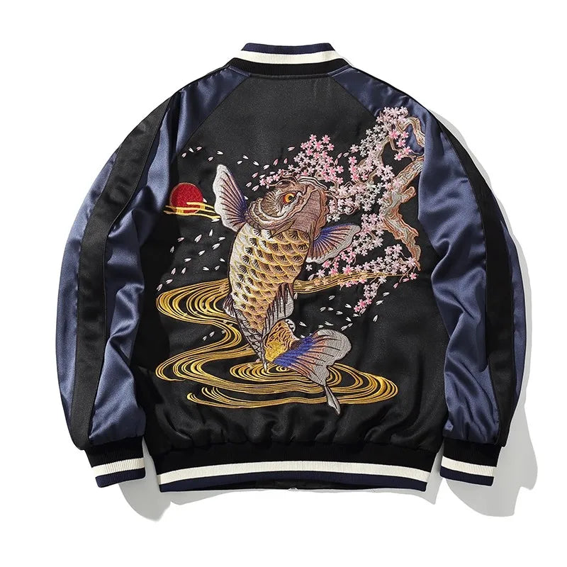 Red Black Cherry Blossoms Sakura Carp Embroidered Original Yokosuka Sukajan Souvenir Jackets