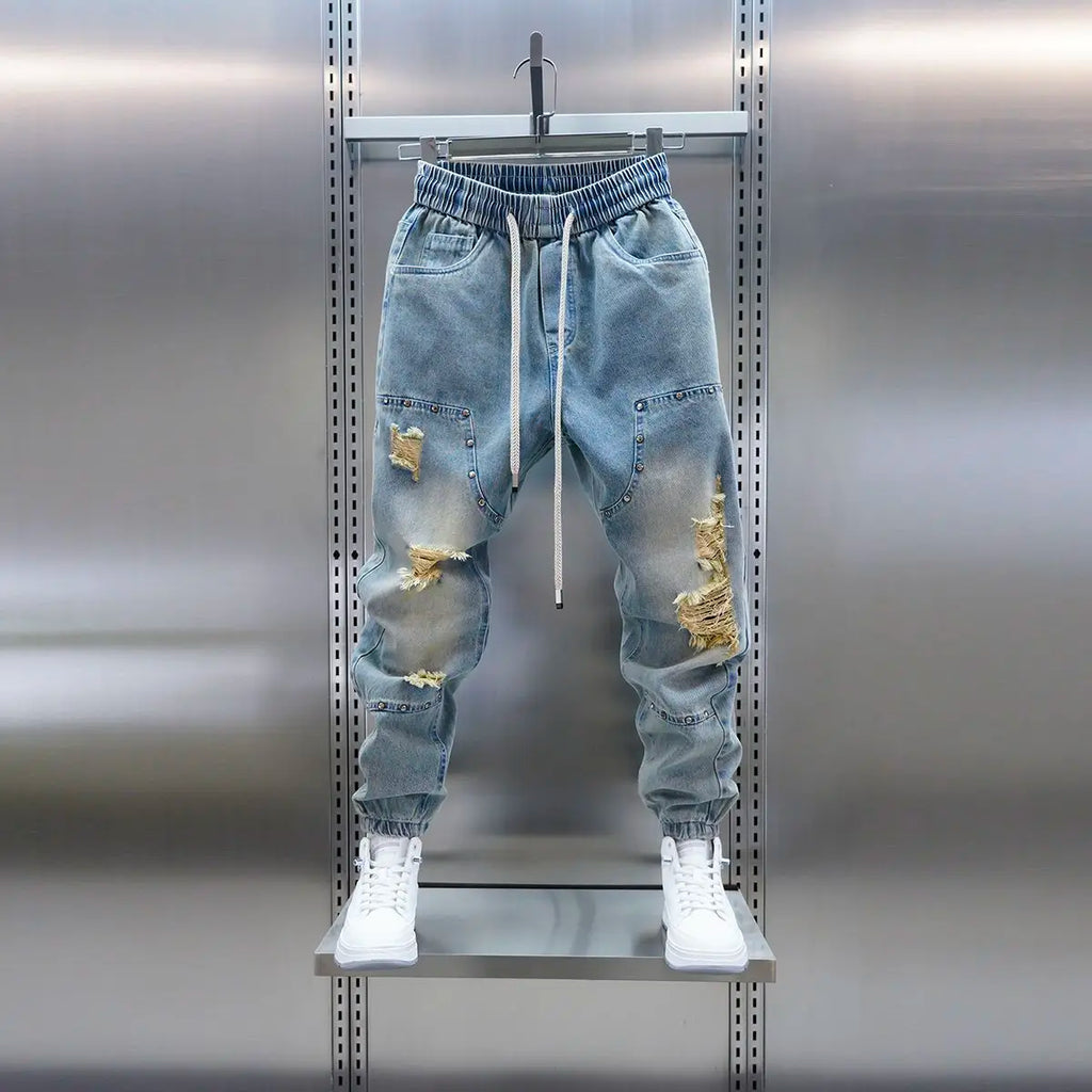 Men's distressed ripped drawstring and cuffed jeans with rivet embellishments high-street slim-fit trousers brand men clothing