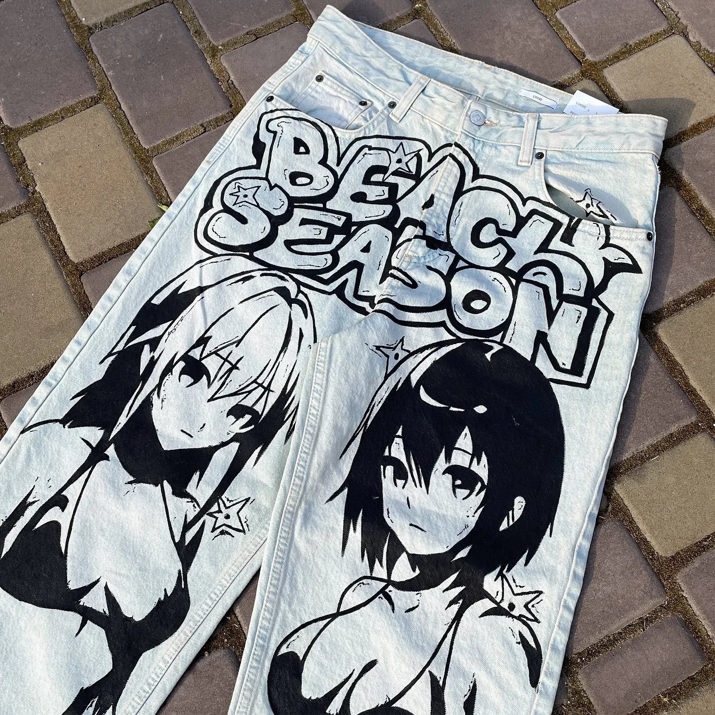 Anime Sexy Girl Print Blue Baggy Jeans New Style Wide Leg Trouser Y2k Harajuku Popular Streetwear Men Women High Waist Pants