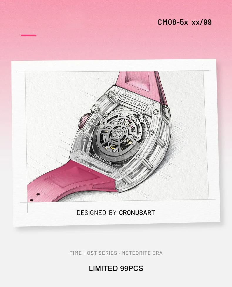 CRONUSART Men Automatic Watch 50mm Tonneau Chronograph Mechanical Wristwatch 5ATM Luminous Sapphire Case & Mirror Meteorite Dial