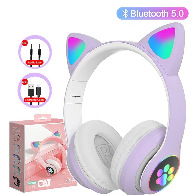 Cute Cat Wireless Headphones RGB Cute Cat Ears Headset With Microphone Noise Cancelling Kid Stereo Music Children's Gifts