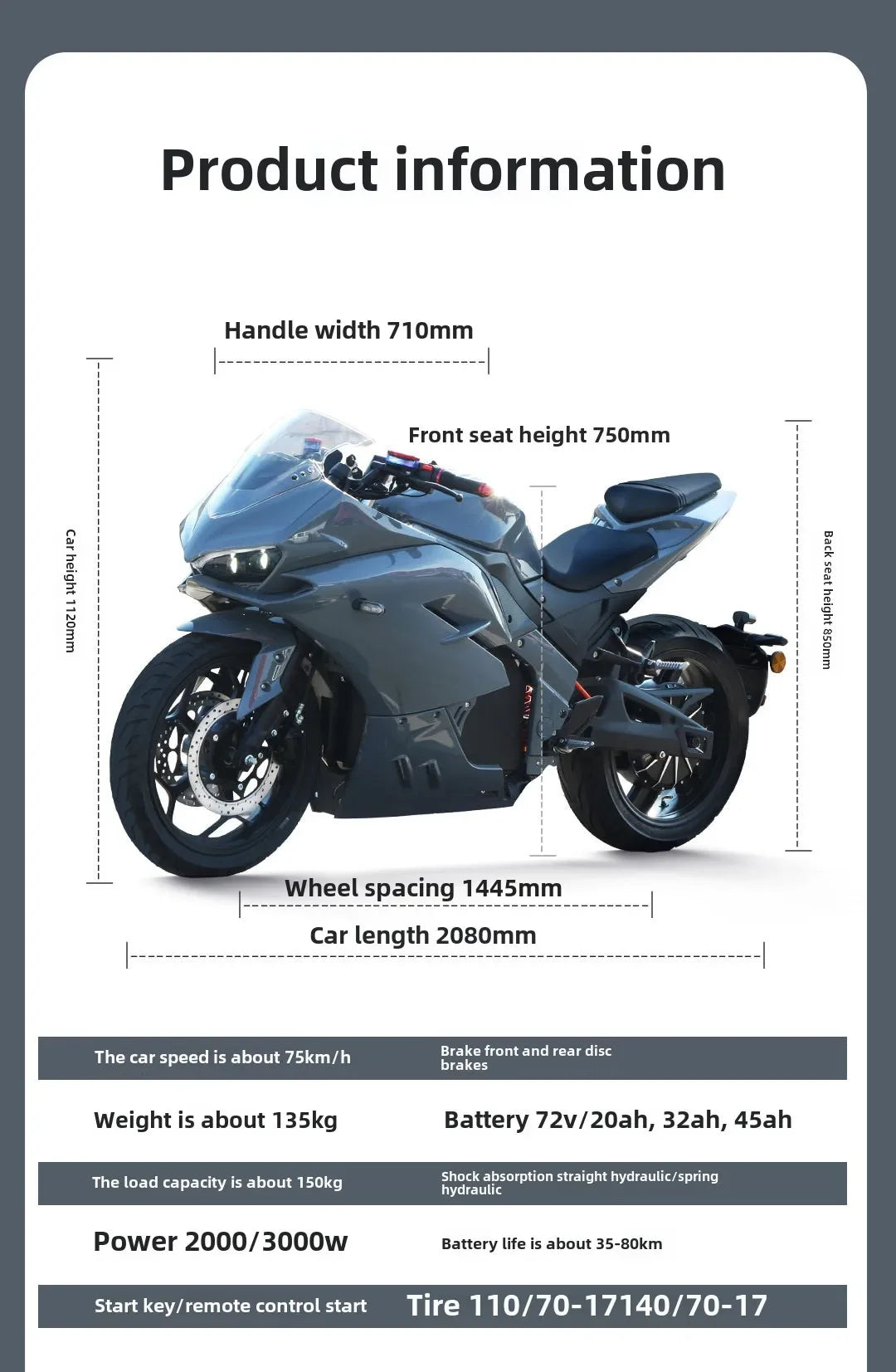 Adult 72V Sports Car High-speed Electric Motorcycle Battery Electric Motorcycle