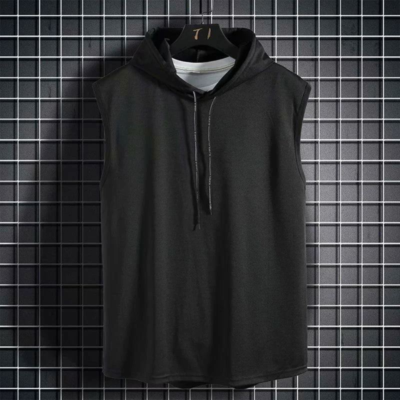 Mens Summer Sleeveless Drawstring Hooded for Tank Top Solid Color Gym Fitness Sports T-Shirt Hip Hop Loose Blouse Vest