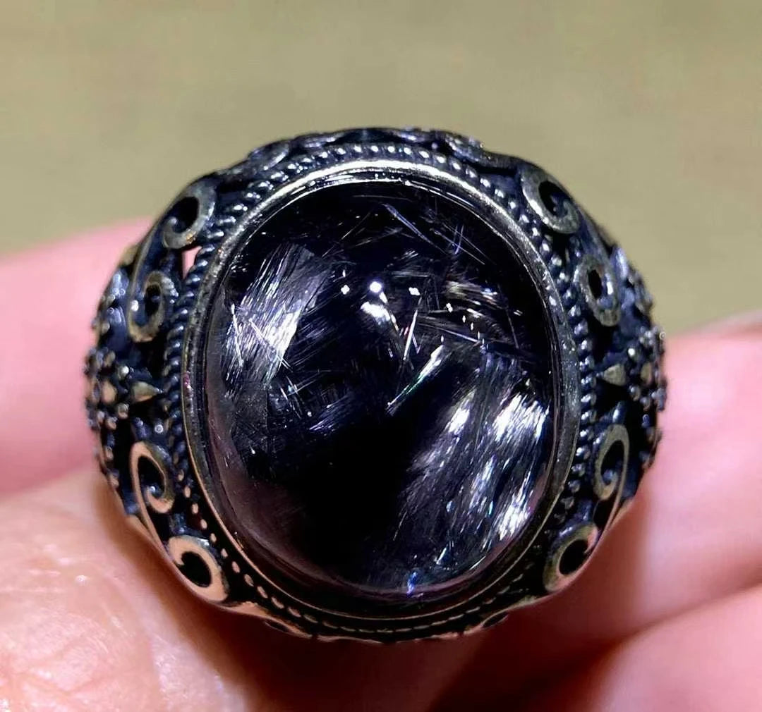 Natural Brookite Platinum Rutilated Quartz Ring Oval 925 Sterling Silver 16.6/14/8mm Woman Men Water Drop Lucky AAAAA