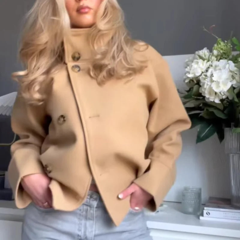 Urban Black Woolen Blend Coats Women Stand Collar Single-breasted Long Sleeve Thick Warm Jacket 2025 Autumn Winter Lady Outwear
