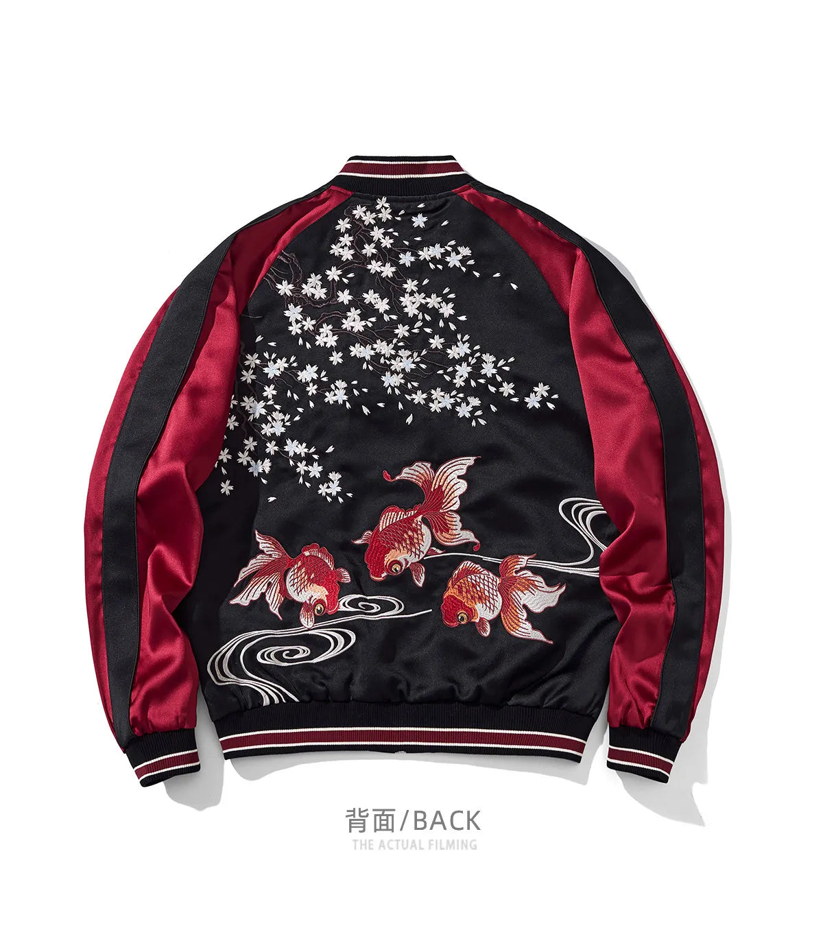 Cherry Blossom Embroidered Jacket Boys Top Spring and Autumn Japanese Sukajan Koi Fish Sakura Embroidered Satin Bomber Jacket