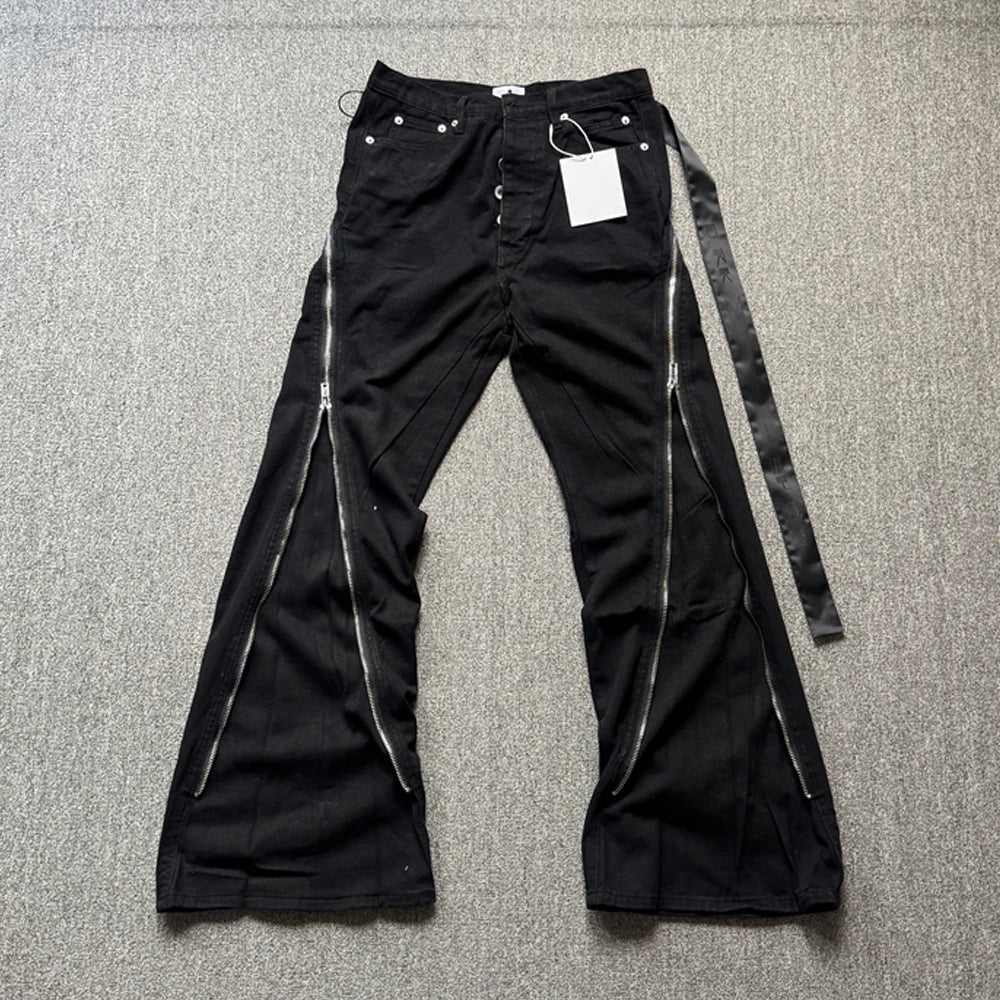High Street RO Style Jeans Pants Men's Five Star Mang Ribbon Rotating Large Zipper Floor Pulling Horn Denim Streetwear Pants