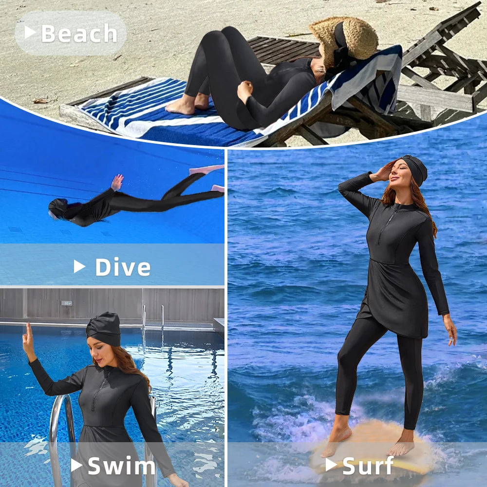 New Burkini Femmes Muslim Swimwear Women Modest Hijab Long Sleeves Sport Swimsuit Islamic Bathing Suit, Quick Drying, UPF50+