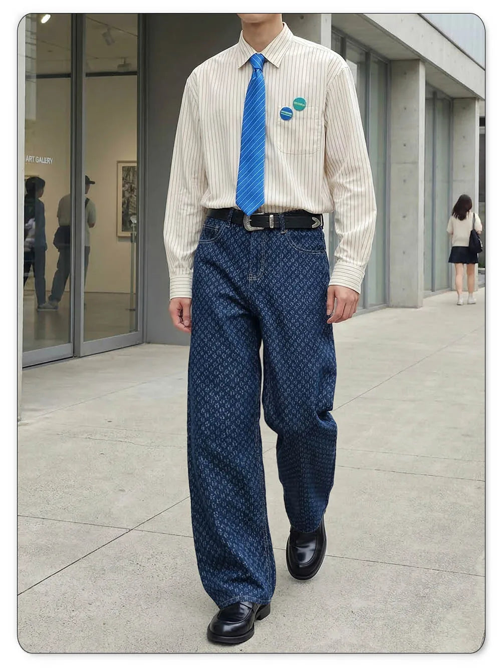 LIYS Trendy Japanese-Korean Jacquard Blue Baggy Straight Leg Jeans American Retro Daily Casual  Wide-leg Denim Pants Unisex