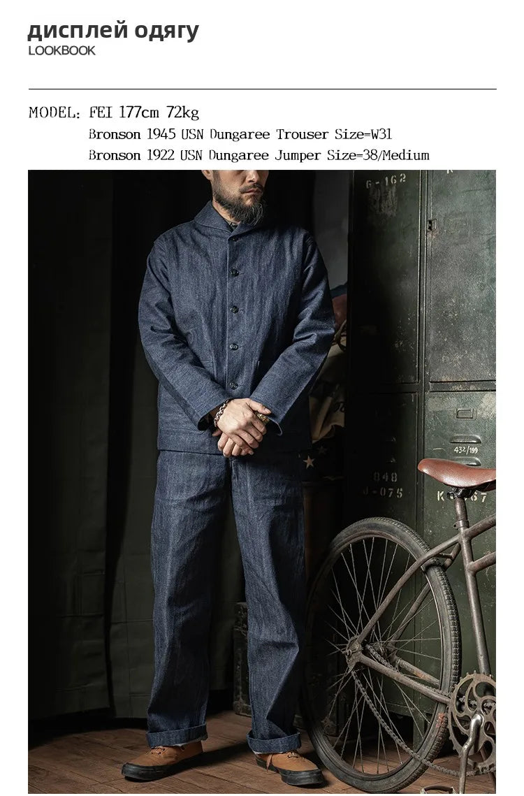 Rugged Bronson Workwear Pants Bronson USN Dungaree Clamp Denim Wide Leg Straight Cut Jeans Original Color Unisex Long Trousers
