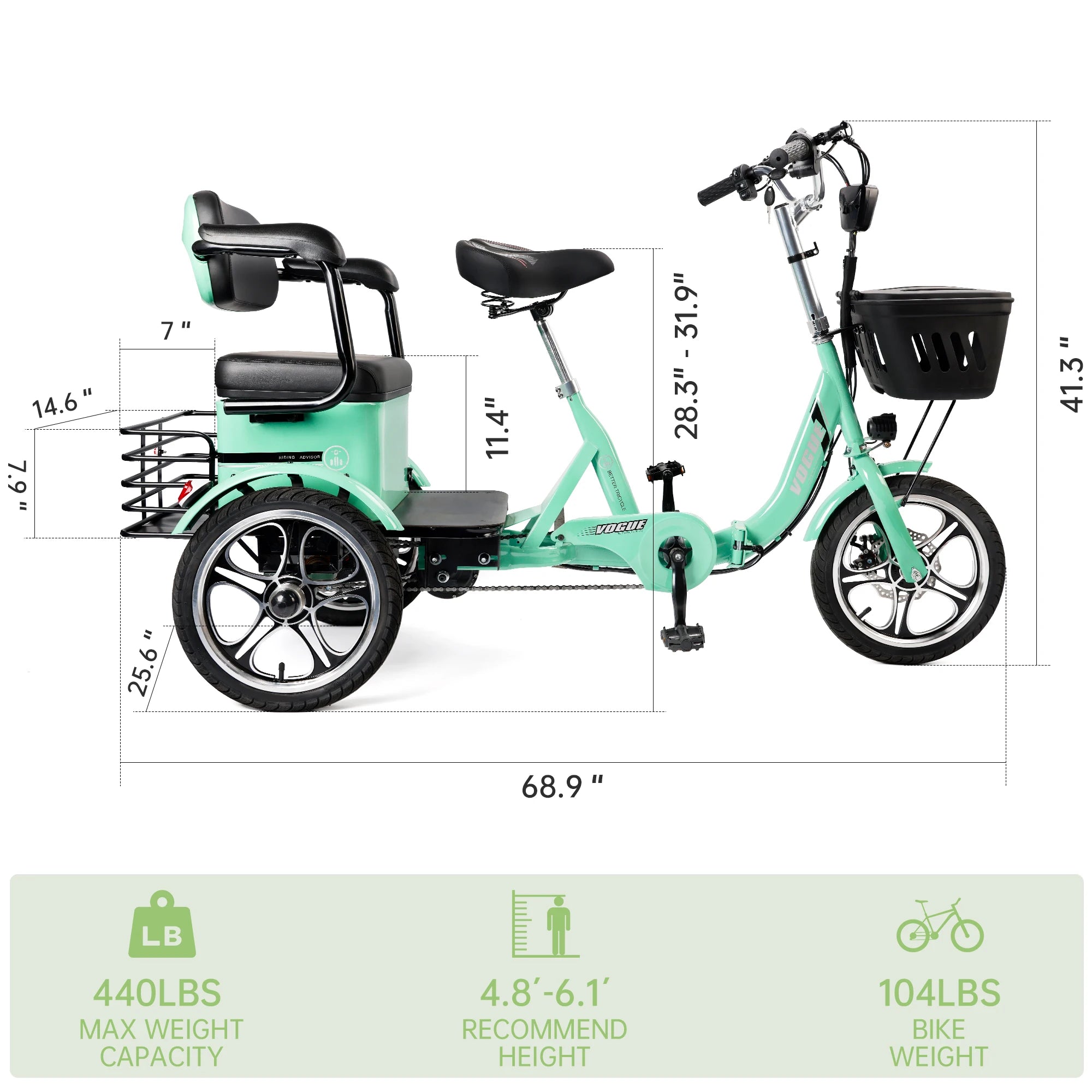 Artudatech 400W 48V 12A Elder Electric folding tricycle for Adults 3 wheel e-trike Bike with Rear Seat