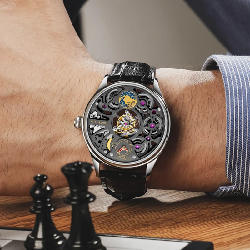 Haofa 1037 Center Tourbillon Mechanical Man Watch Skeleton Earth Dial Flying Tourbillon Movement Men Watches Vintage Fashion
