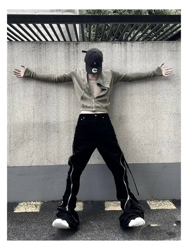 High Street RO Style Jeans Pants Men's Five Star Mang Ribbon Rotating Large Zipper Floor Pulling Horn Denim Streetwear Pants