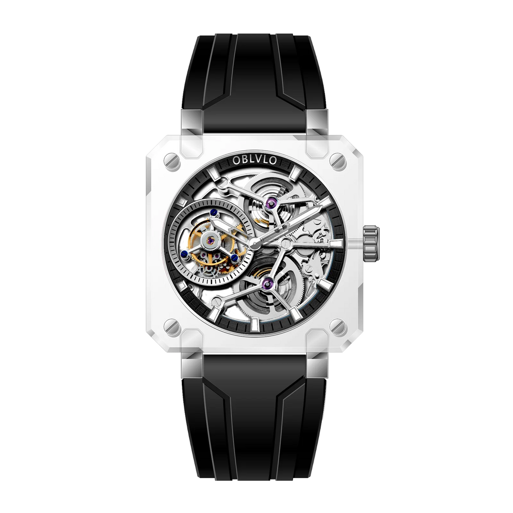 OBLVLO Men's Blue Skeleton Dial Tourbillon Automatic Watch Transparent Square Analog Display And Hollow-out Design BR-TB