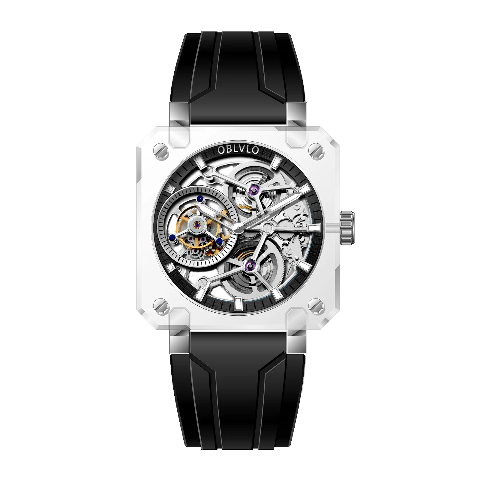 OBLVLO Men's Blue Skeleton Dial Tourbillon Automatic Watch Transparent Square Analog Display And Hollow-out Design BR-TB