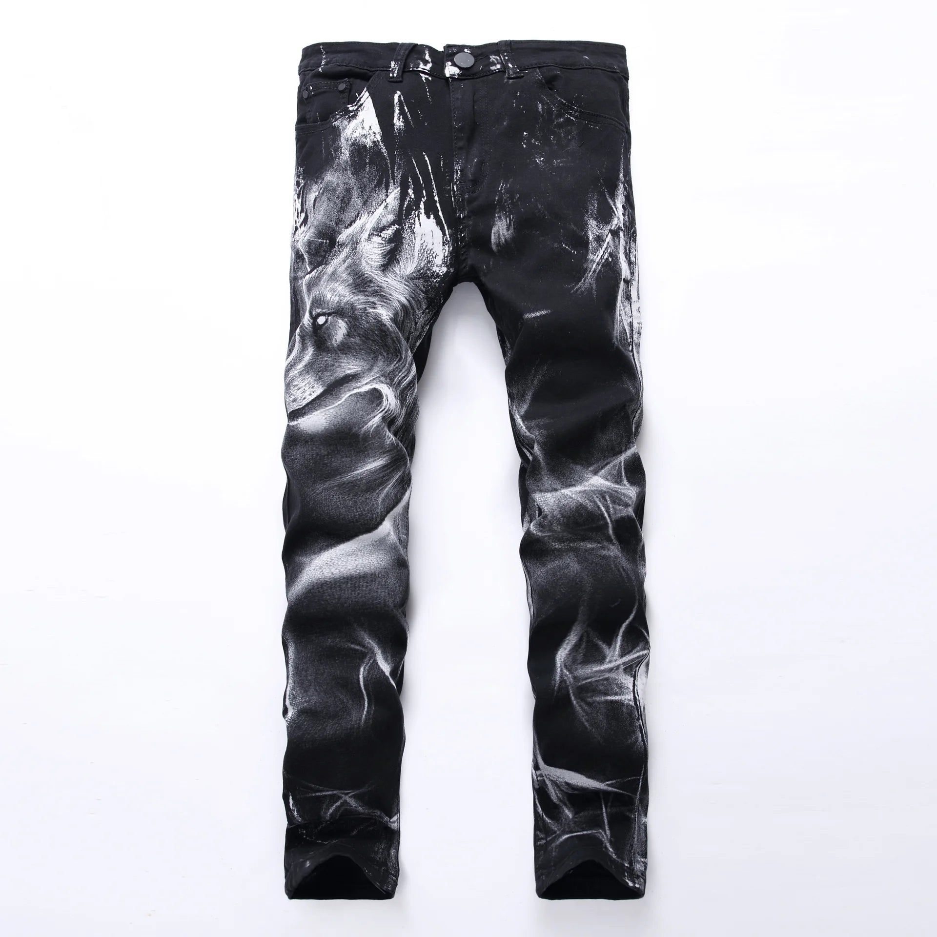 2026 Men's Blue 3D Printing Jeans, Black Wolf Pattern Printed Punk Straight Cotton Casual Print Denim Pants Asian Size 28-42