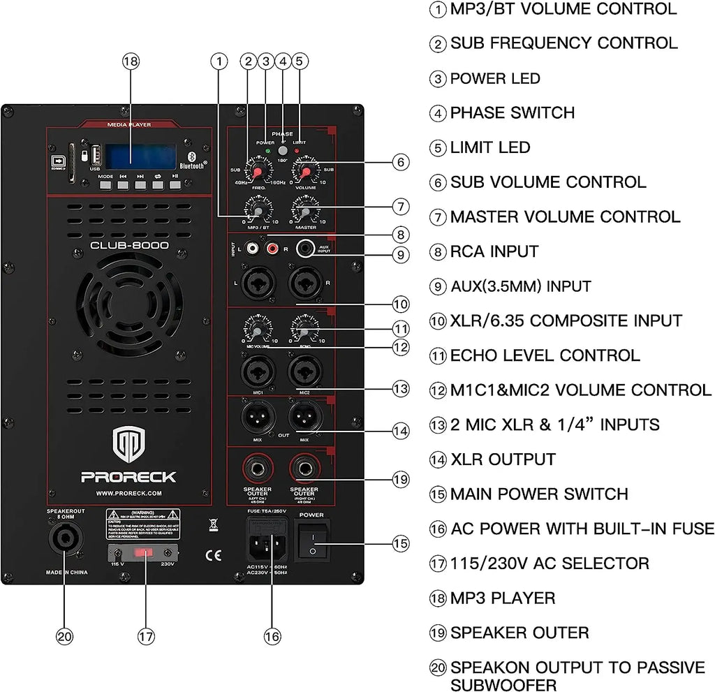 PRORECK 18INCH 8000W P.M.P.O Stereo Bluetooth/DJ/Powered PA Speaker System Combo Set with Two Subwoofers and 6 Line Array Speake