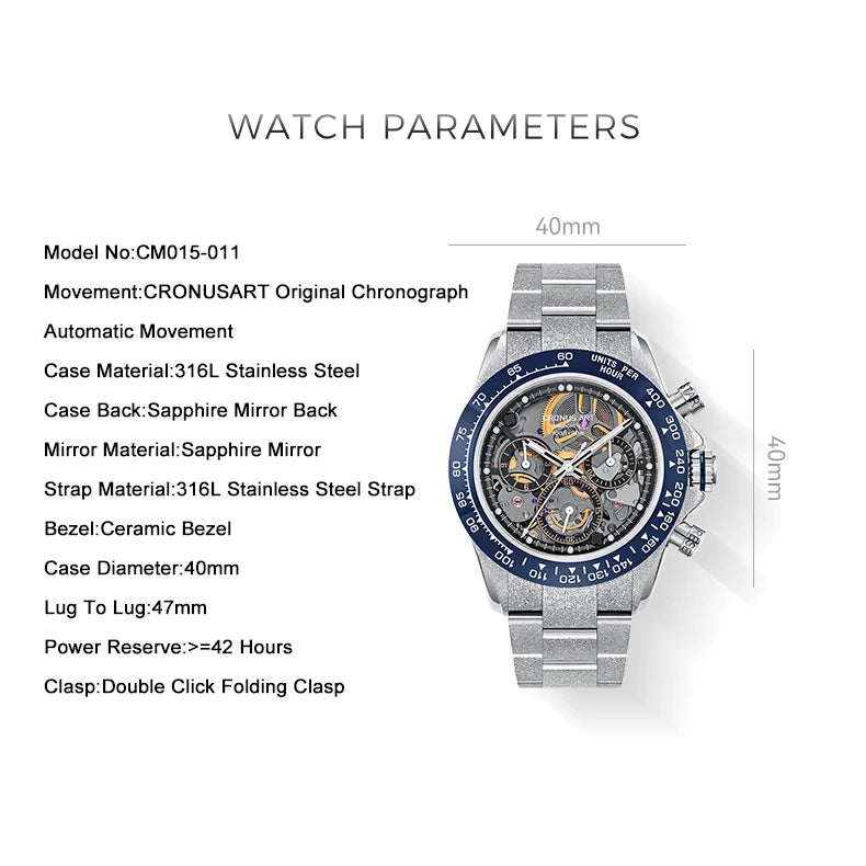 CRONUSART Men Chronograph Watch 40mm Vintage Automatic Mechanical Wristwatch Luminous Sapphire Mirror Ceramic Bezel