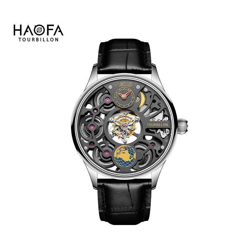 Haofa 1037 Center Tourbillon Mechanical Man Watch Skeleton Earth Dial Flying Tourbillon Movement Men Watches Vintage Fashion