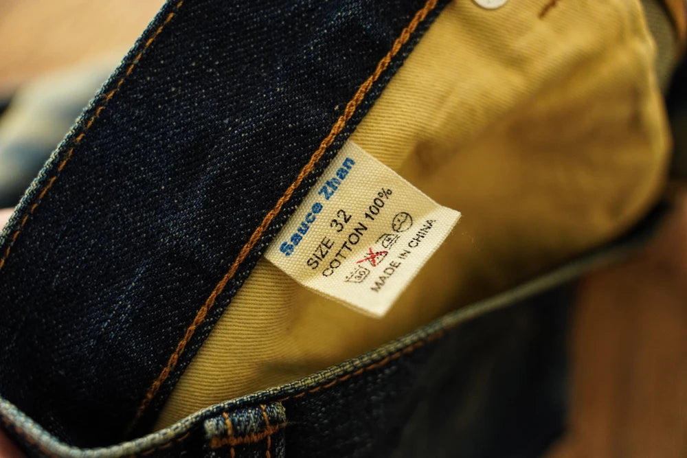 Sauce zhan Bamboo shaped yarn Mens Jeans Selvedge Denim Jeans Distressed Wash jeans for men Straight Fit 14 Oz