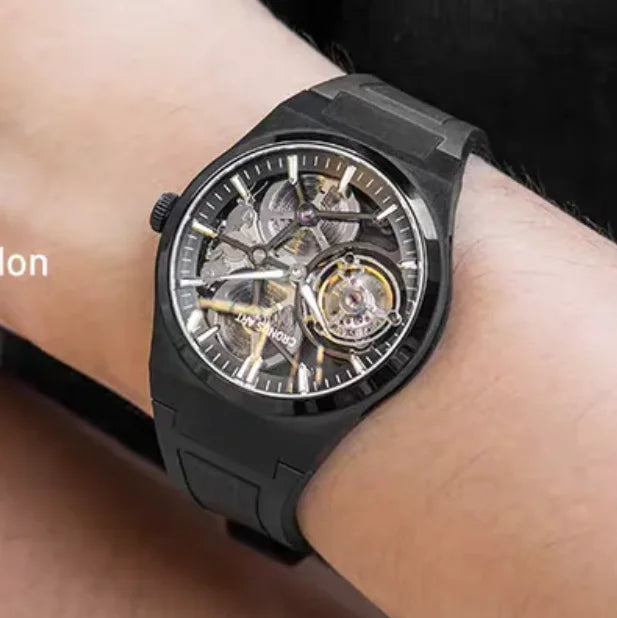CRONUSART Men Tourbillon Watch 41mm Mechanical Wristwatch Titanium Case Sapphire Case Luminous FKM Strap Skeleton Dial