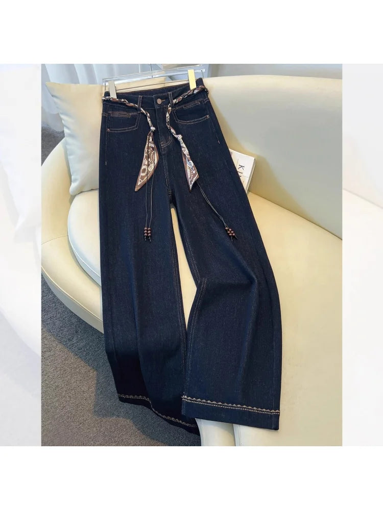 2025 Autumn New Denim Blue Wide Leg Women's Jeans Super Popular Pants with Silk Scarf Belt Fashion Straight Trousers