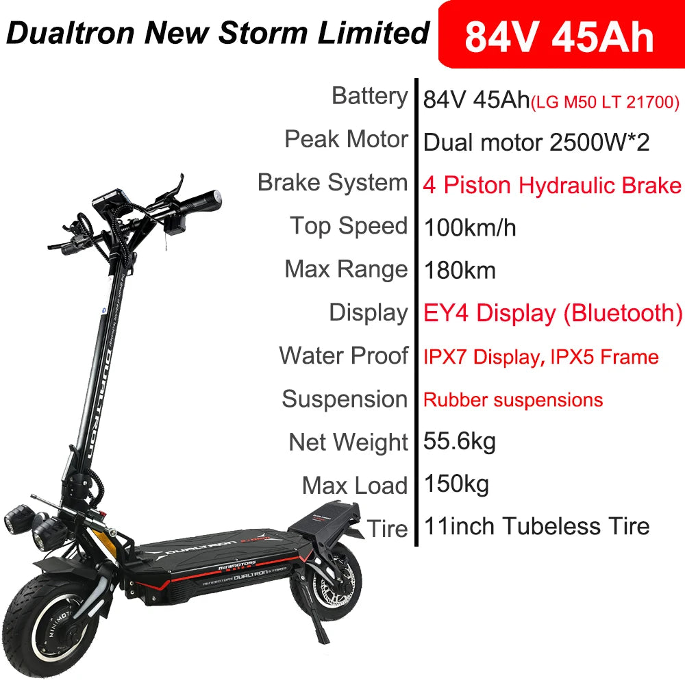 Dualtron New Storm Limited 84V 45Ah Scooter Dual Motor 2500W*2 New EY4 Display 12inch MINIMOTOR Dualtron NEW STORM LTD Scooter