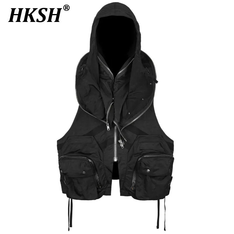 HKSH Summer New Men Dark Tide Youthful Original Design High Street Fashion Punk Pocket Hooded Chic Tie-Dye Loose Vest Ins HK5741