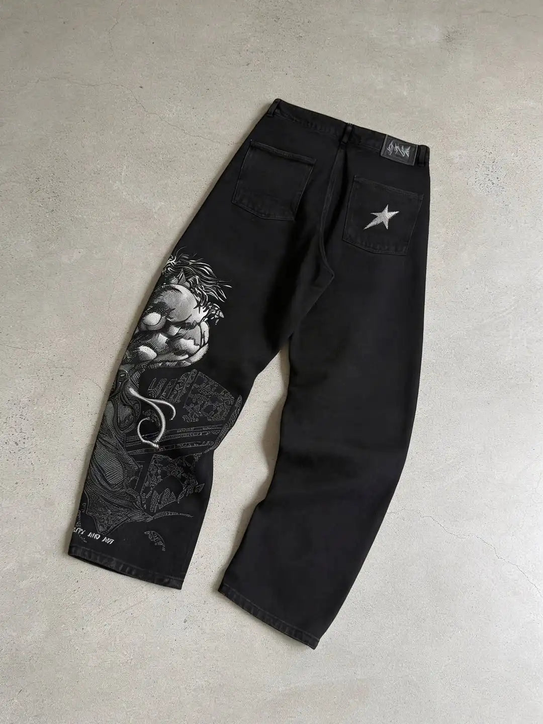 Street Fashion Anime Pattern Embroidery Oversized Denim Pants for Street Wear Y2K Loose Pants