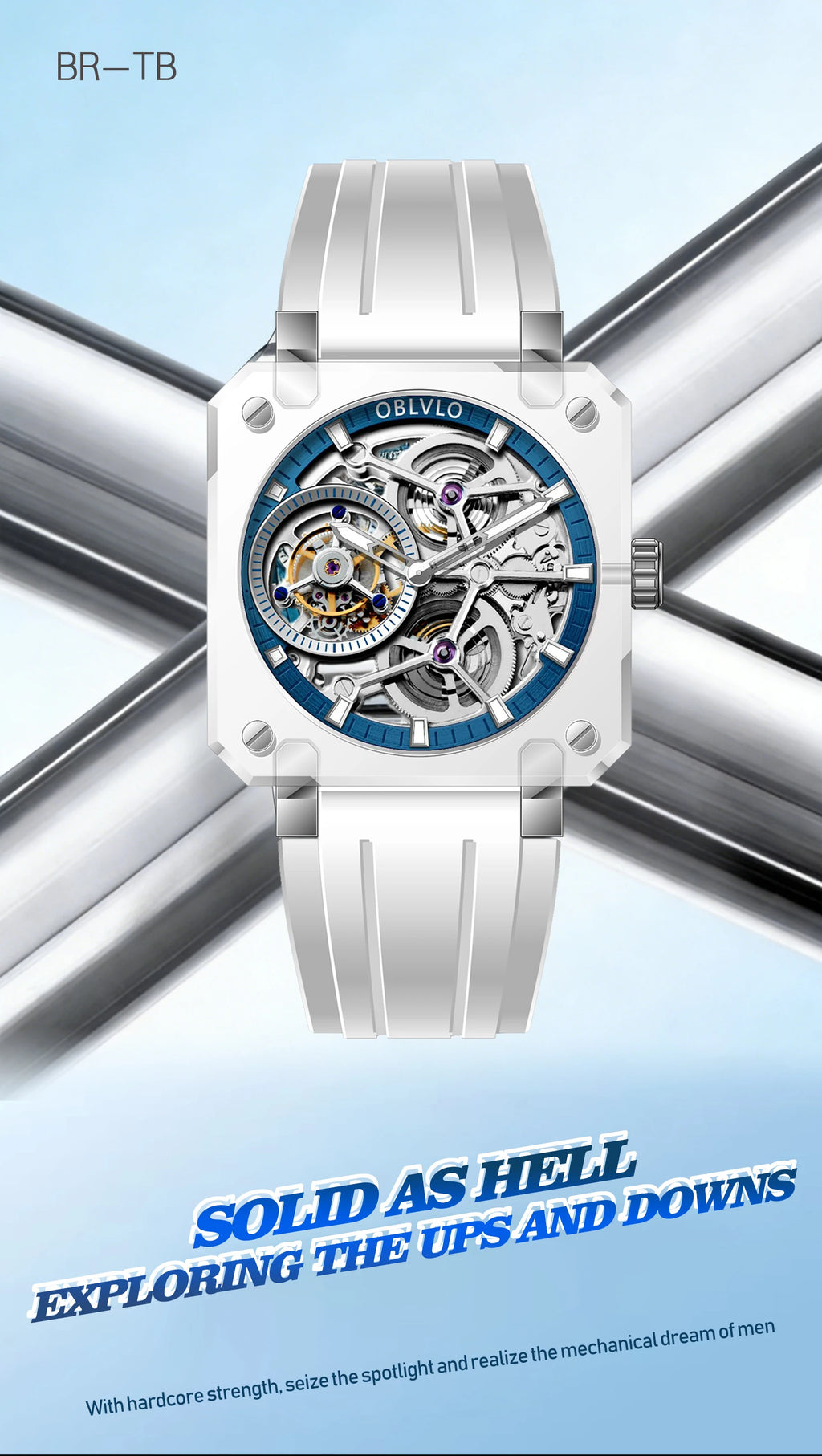 OBLVLO Men's Blue Skeleton Dial Tourbillon Automatic Watch Transparent Square Analog Display And Hollow-out Design BR-TB
