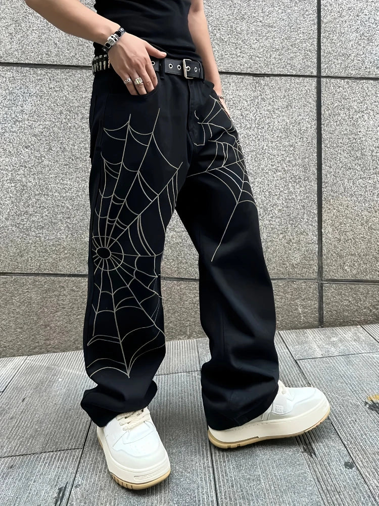 Men's Black Jeans Spider Web Printing Loose Wide Leg Casual Daily Trousers High Street Fashion Trendy Streetwear Denim Pants