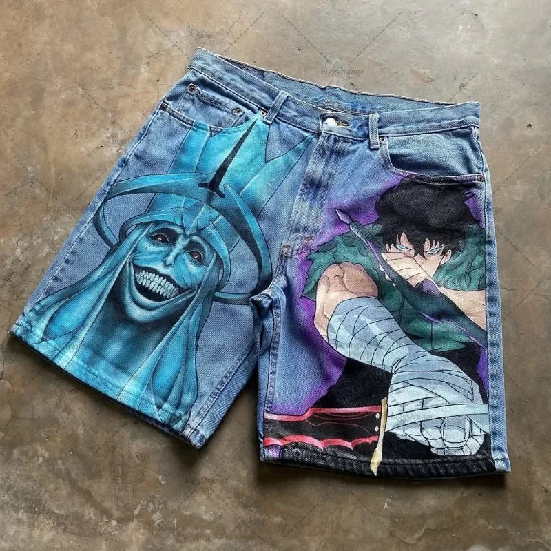 Retro American Trendy Streetwear Y2K Harajuku Anime Printed Denim Shorts Men Gothic Hip-hop Punk Loose Casual Straight Pants