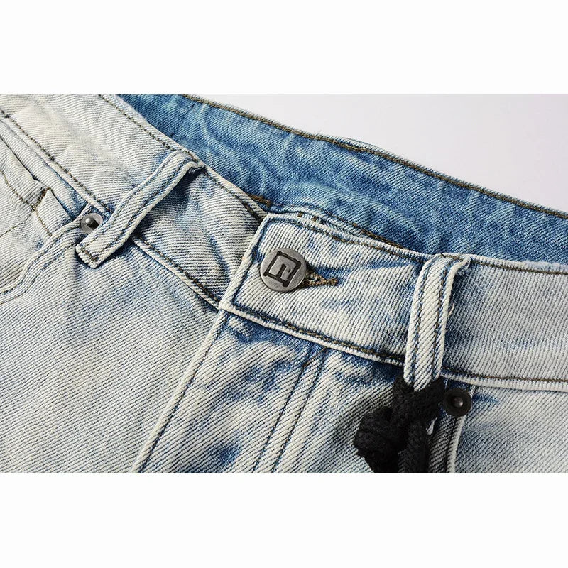Men's High Street KSUBI Distressed Faded Blue Stretch Skinny Pattern Printing High Quality Button Fly Ripped Jeans Pants