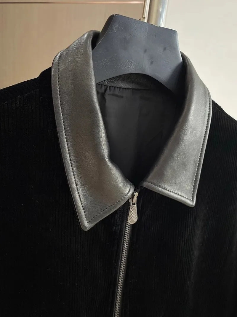 Design Business Mens Velvet Jacket Zipper Spliced Genuine Leather Casual Outerwear Loose Fit Long Sleeve Spring Autumn Men Coats