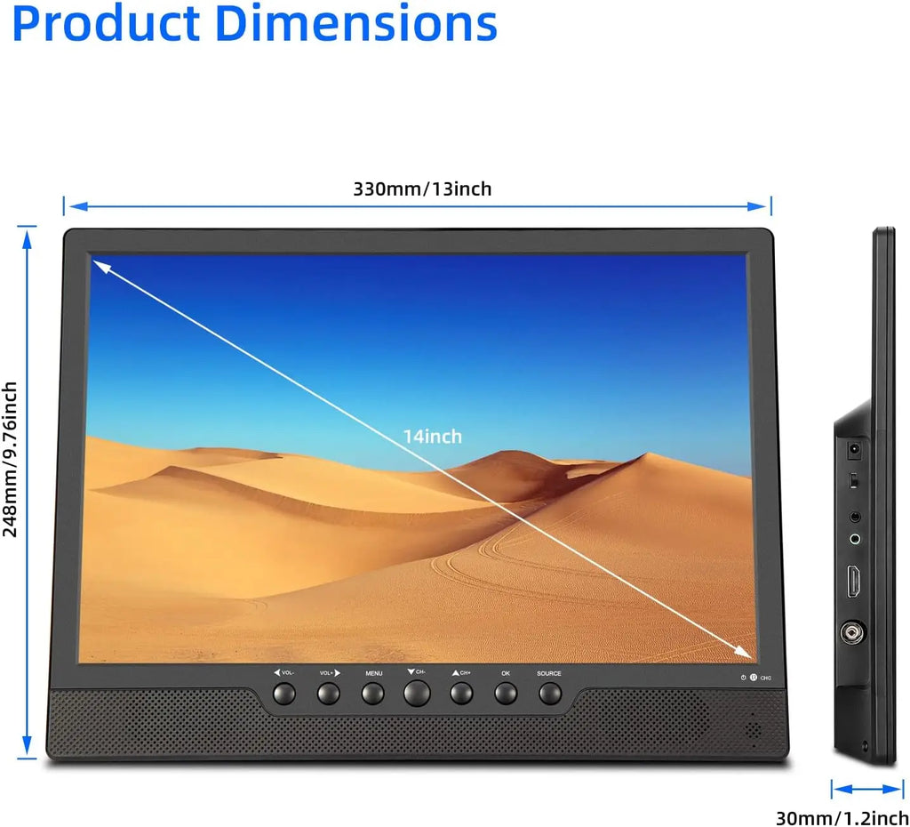 Othoig14'' Portable TV,Small TV with Batterys-HDMI,USB,AV Slot and 1 Antenna,Remote Control,12 car Cable/AC for RV car