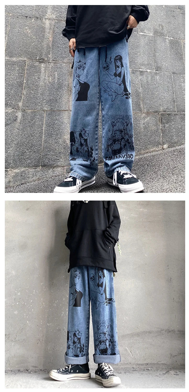 Washed Jeans Retro Harajuku Anime Cartoon Print Men Baggy Jeans Streetwear Hip Hop Tide Denim Pants Fashion Loose Wide Leg Pants