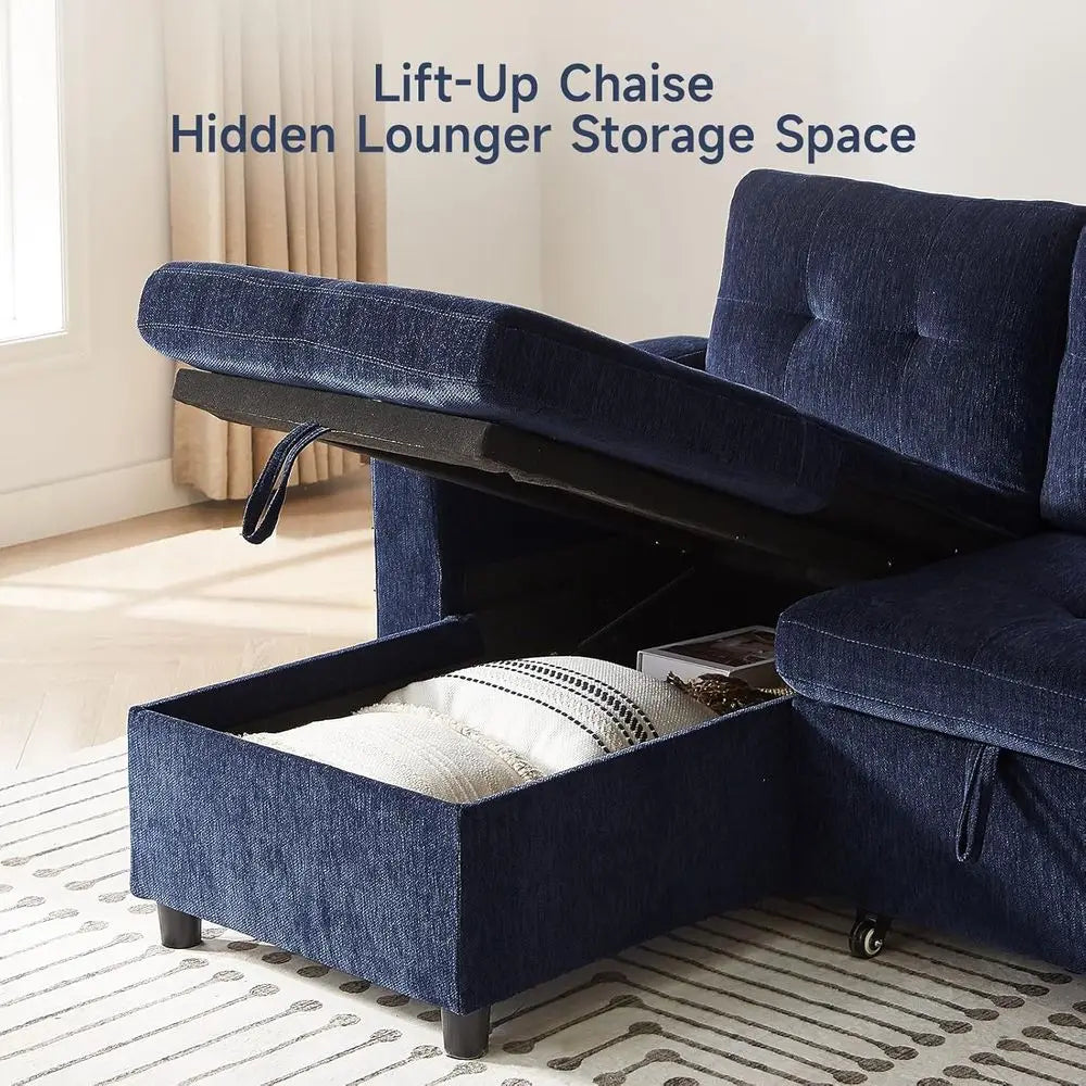 Pull-Out Chaise Sofa Bed with Storage, L-Shaped Cloud Couch, Sectional Living Room Furniture, Tool-Free Assembly, Chenille Fabri
